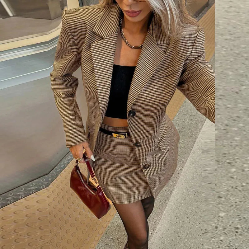 Hahnentritt Zweiteiler Damen – Eleganter Blazer & Minirock